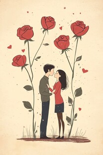 情侣在玫瑰间甜蜜亲吻