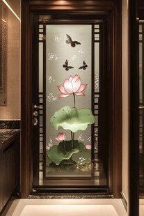 中式荷花蝶纹玻璃装饰门