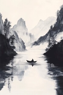 孤舟行于山水间