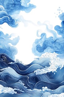 蓝色水墨风海浪云景图