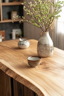 原木茶桌配素雅花瓶摆件