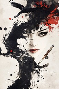 水墨风神秘女子与飞鸟