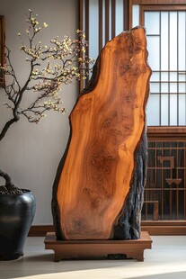 中式厅堂中的巨木艺术摆件