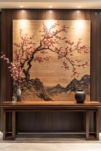 中式玄关 雅致红梅山水装饰