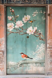 中式彩绘门绘玉兰花与鸟