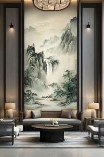 中式客厅的山水壁画装饰