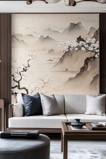 中式客厅 山水壁画沙发区