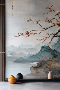 中式山水墙画前的雅致摆件