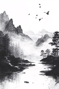 水墨山水间飞鸟绕林景