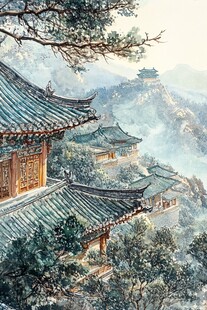 中式古建山林间秀丽景致