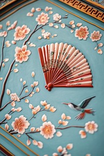 中式瓷盘上的扇鸟花卉图案