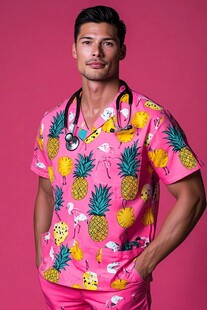 粉色菠萝印花医护服男士