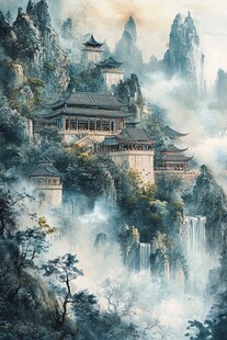 云雾缭绕中的中式仙山楼阁