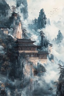 水墨仙山古阁云雾缭绕