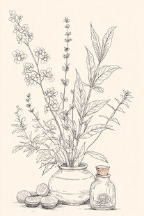 手绘瓶中花草与瓶罐