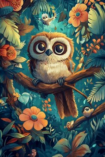 森林中的可爱猫头鹰插画