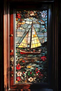 复古帆船彩色玻璃艺术窗