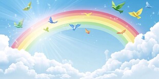 彩虹下飞翔的多彩鸟儿