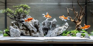 金鱼悠游于石景水族箱中