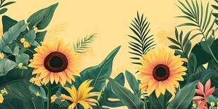 夏日向日葵与热带植物景观