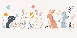 可爱兔子与花草插画