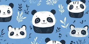 可爱熊猫猫咪蓝色花纹图案