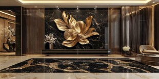 奢华客厅中的金色花卉背景墙