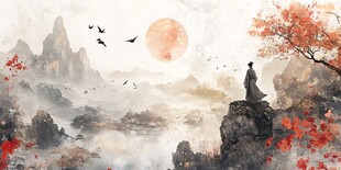 孤身立崖观山水日暮景