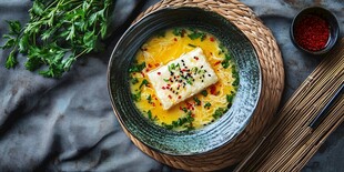 香煎鳕鱼配金黄酱汁摆盘