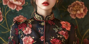 复古旗袍女子与繁花背景