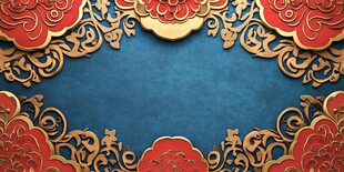 中式红金雕花蓝色背景图