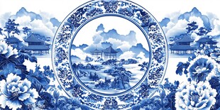 青花瓷盘上的中式山水花卉