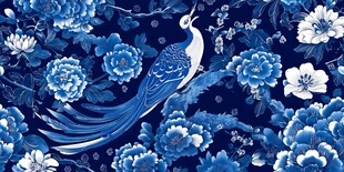 蓝白孔雀花卉中式纹样