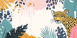 豹与热带植物的梦幻插画