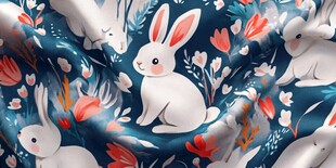 蓝底白兔花卉图案布料