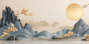 水墨山水间的落日盛景