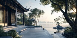 湖畔中式庭院清晨景致