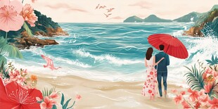 海边情侣撑伞浪漫赏景