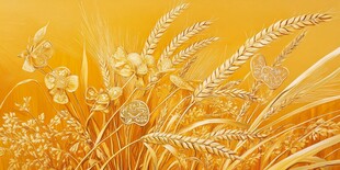 金色麦田中的花朵与蝴蝶