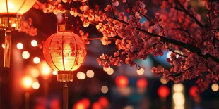 红灯笼映繁花夜景迷人