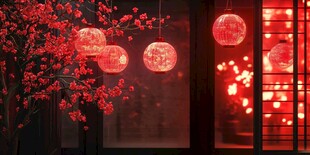 红灯笼映繁花喜庆场景