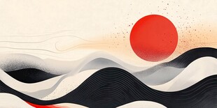 水墨山海间的红日景象