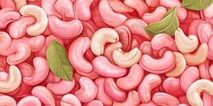 粉色腰果图案配绿叶点缀