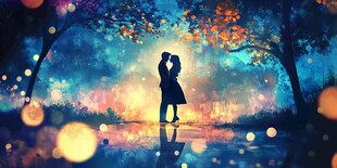 浪漫夜下情侣甜蜜相拥