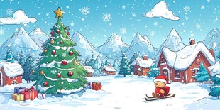 冬日圣诞村的欢乐滑雪场景