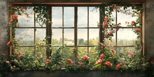 繁花簇拥的复古窗景