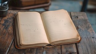 复古木桌上翻开的旧笔记本