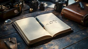 复古桌面上的笔记本与文具