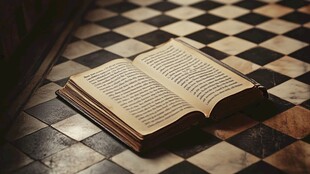 翻开的书置于棋盘格地板上