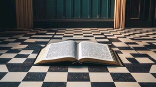 翻开的书置于方格地板前